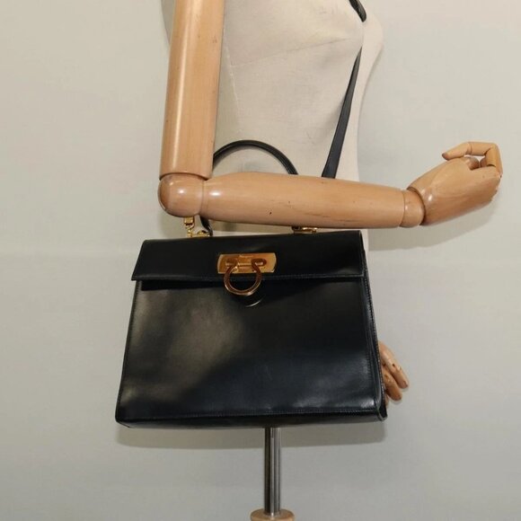 Salvatore Ferragamo Gancini Hand Bag Leather 2way Black Gold Auth - Picture 1 of 15
